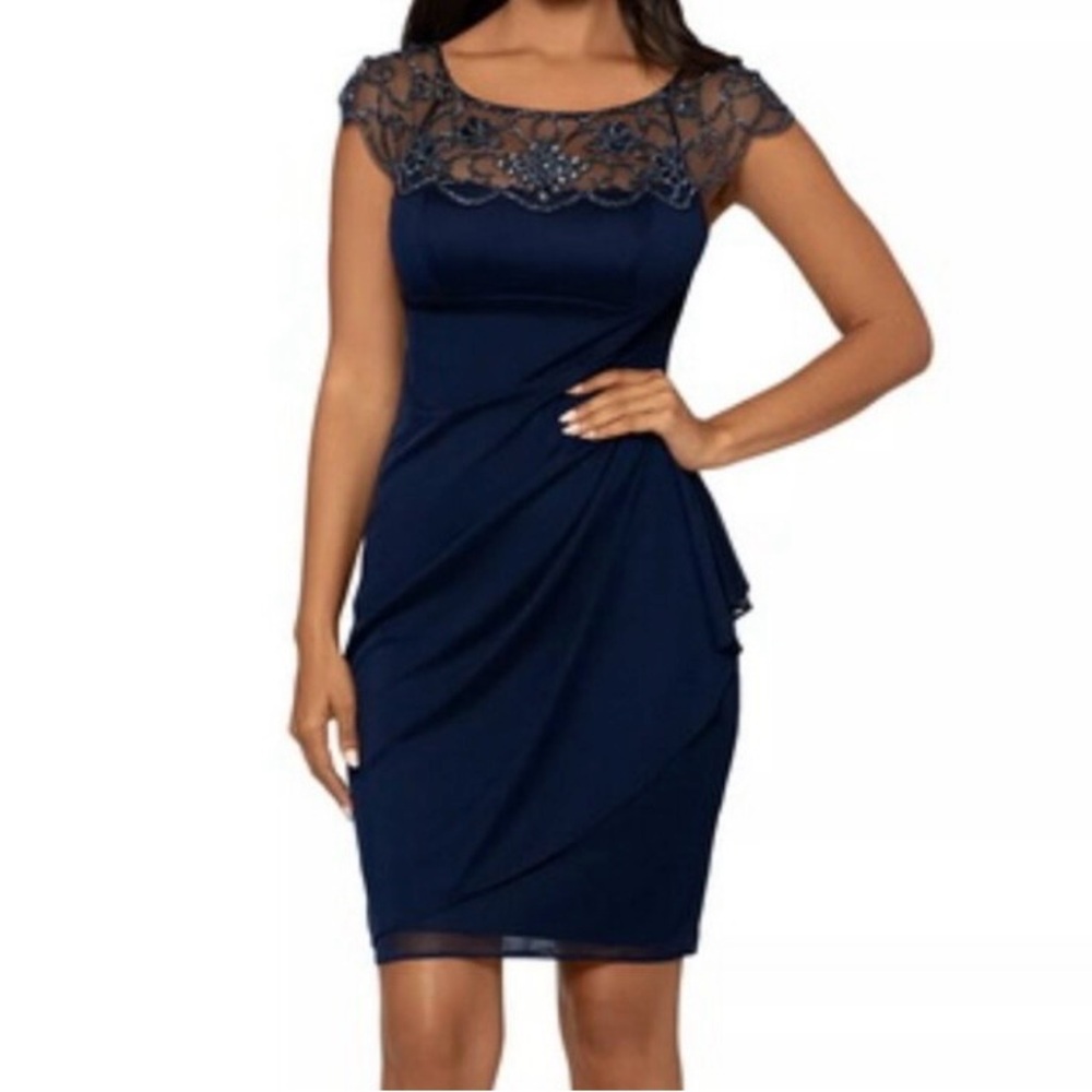 XCAPE Evening Navy/Gold Beaded Dress - Size 8